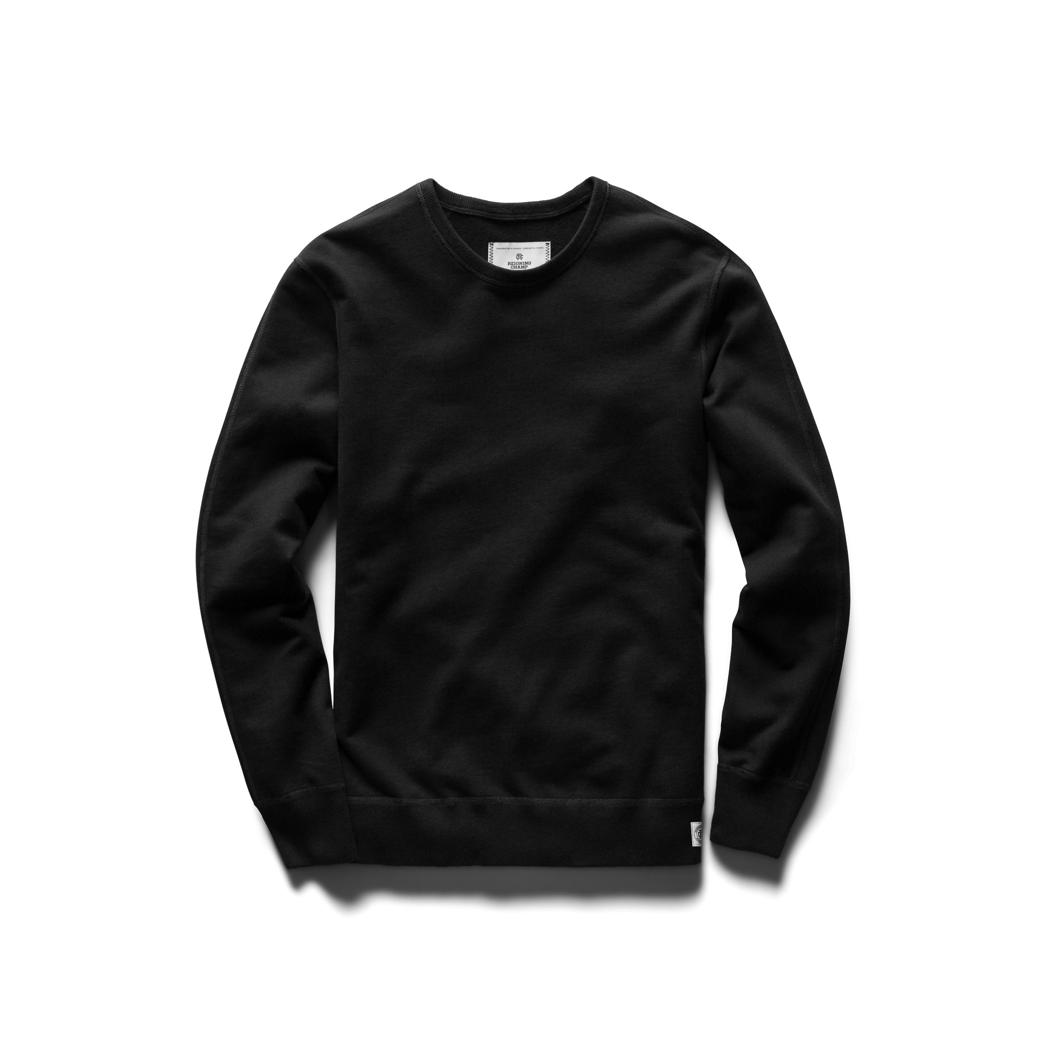 Black lightweight terry crewneck sweatshirt with a flatter drape and slim silhouette